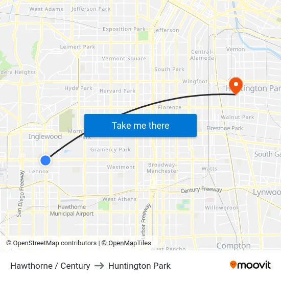 Hawthorne / Century to Huntington Park map