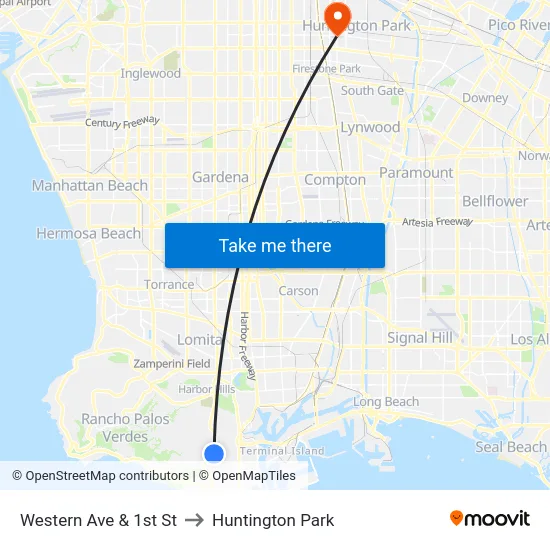 Western Ave & 1st St to Huntington Park map