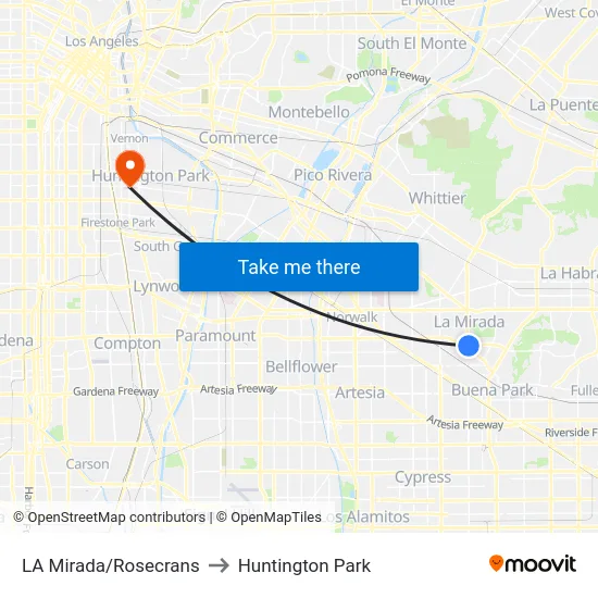 LA Mirada/Rosecrans to Huntington Park map