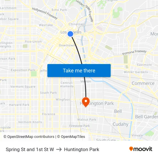 Spring St and 1st St W to Huntington Park map