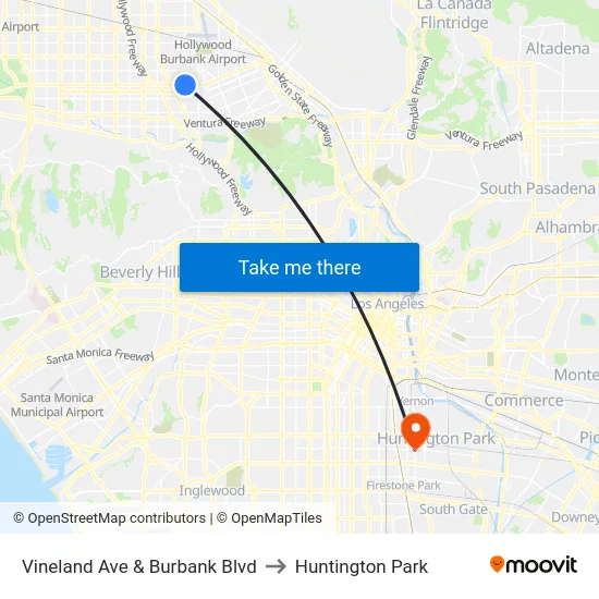 Vineland Ave & Burbank Blvd to Huntington Park map