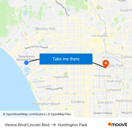 Venice Blvd/Lincoln Blvd to Huntington Park map