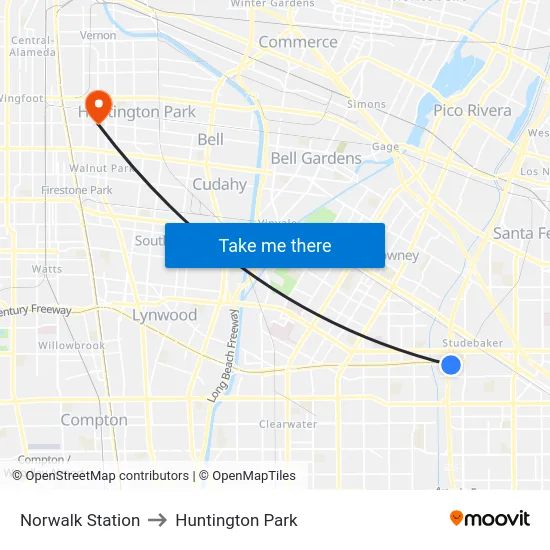 Norwalk Station to Huntington Park map