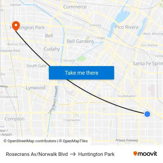 Rosecrans Av/Norwalk Blvd to Huntington Park map