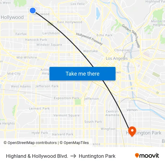 Highland & Hollywood Blvd. to Huntington Park map
