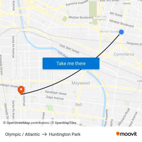 Olympic / Atlantic to Huntington Park map