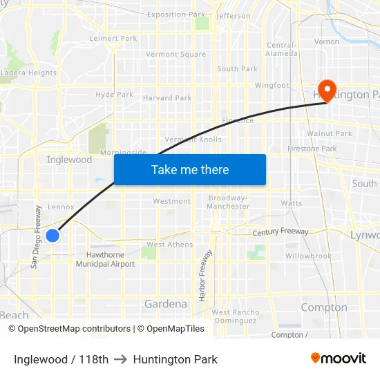 Inglewood / 118th to Huntington Park map