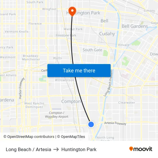 Long Beach / Artesia to Huntington Park map