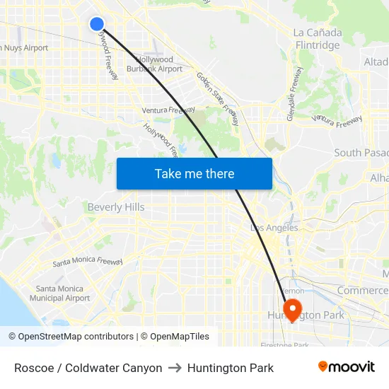 Roscoe / Coldwater Canyon to Huntington Park map