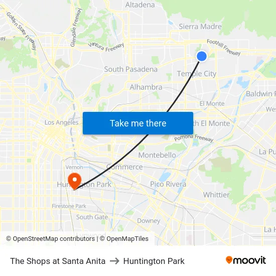 The Shops at Santa Anita to Huntington Park map
