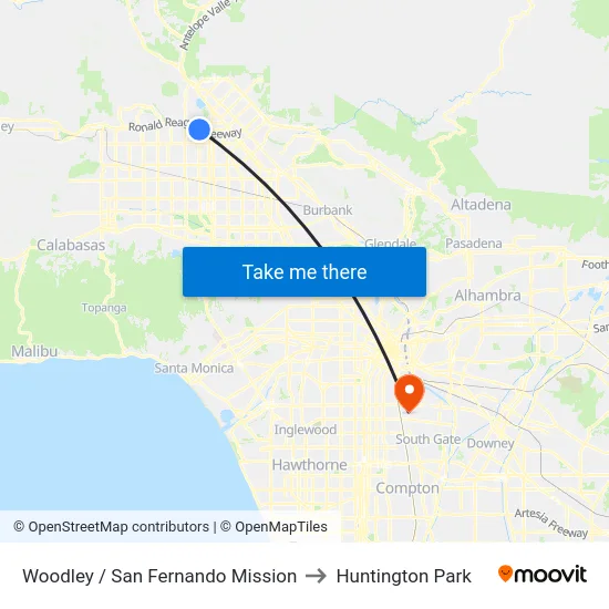 Woodley / San Fernando Mission to Huntington Park map