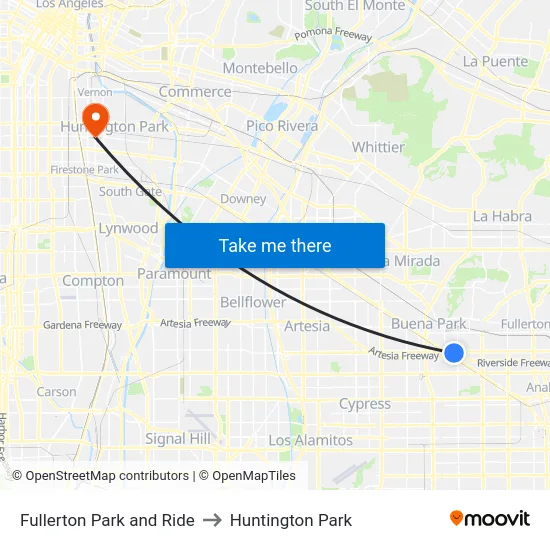 Fullerton Park and Ride to Huntington Park map