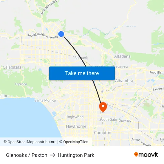 Glenoaks / Paxton to Huntington Park map