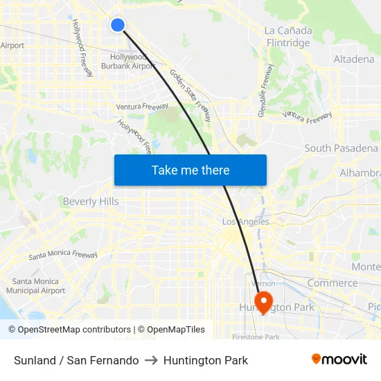Sunland / San Fernando to Huntington Park map