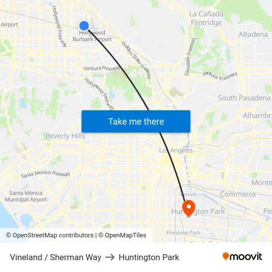 Vineland / Sherman Way to Huntington Park map