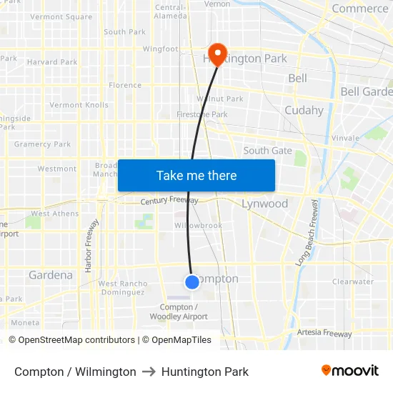 Compton / Wilmington to Huntington Park map