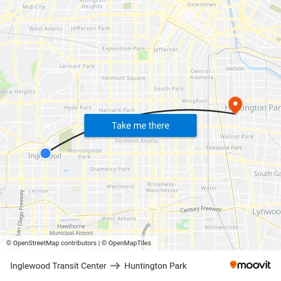 Inglewood Transit Center to Huntington Park map
