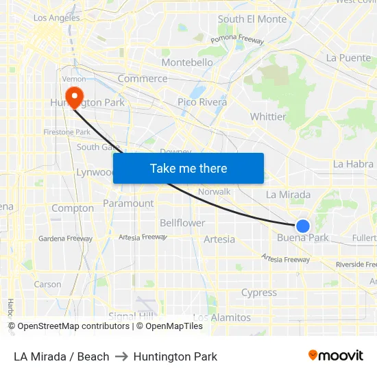 LA Mirada / Beach to Huntington Park map