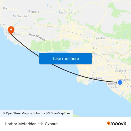 Harbor-Mcfadden to Oxnard map