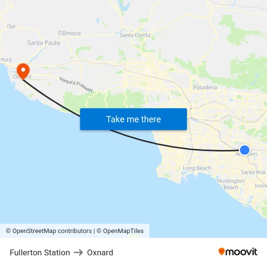 Fullerton Station to Oxnard map
