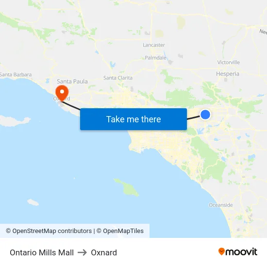Ontario Mills Mall to Oxnard map