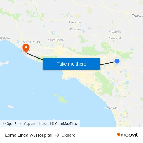 Loma Linda VA Hospital to Oxnard map
