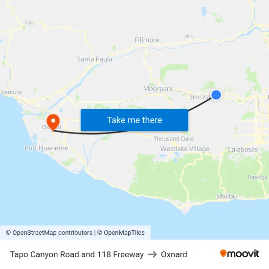 Tapo Canyon Road and 118 Freeway to Oxnard map