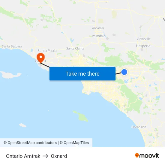 Ontario Amtrak to Oxnard map