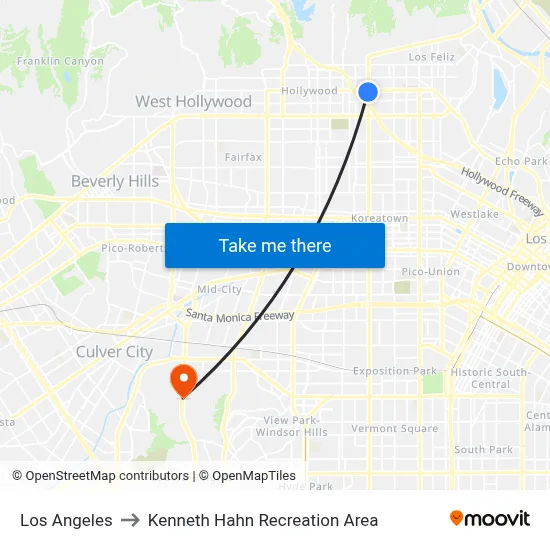 Los Angeles to Kenneth Hahn Recreation Area map