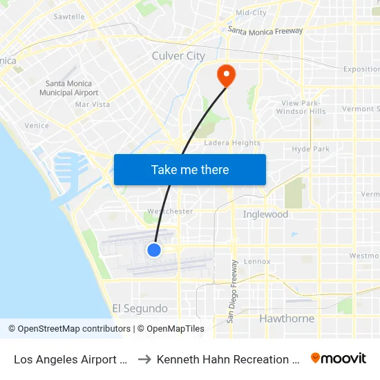 Los Angeles Airport LAX to Kenneth Hahn Recreation Area map