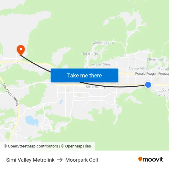 Simi Valley Metrolink to Moorpark Coll map