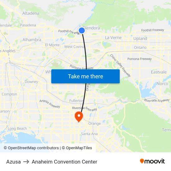 Azusa to Anaheim Convention Center map