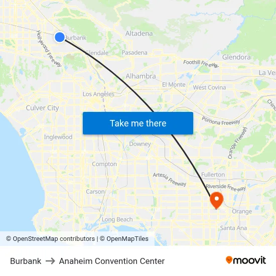 Burbank to Anaheim Convention Center map