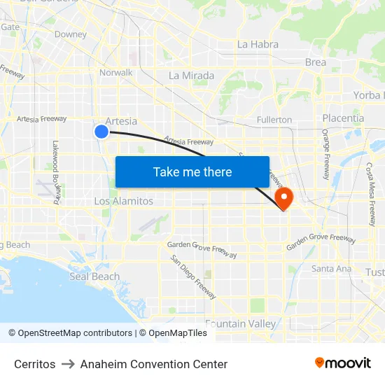Cerritos to Anaheim Convention Center map