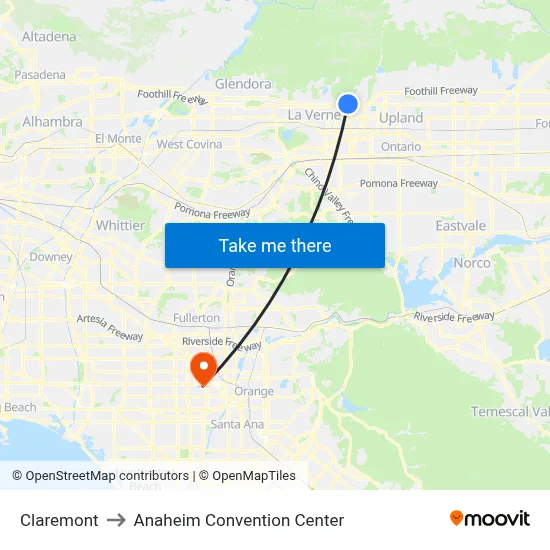 Claremont to Anaheim Convention Center map