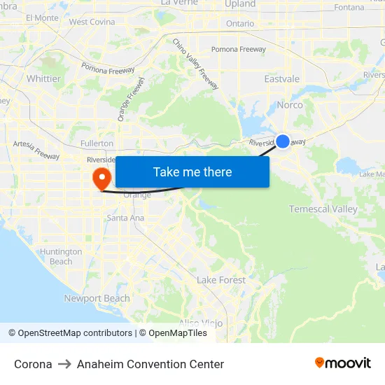 Corona to Anaheim Convention Center map