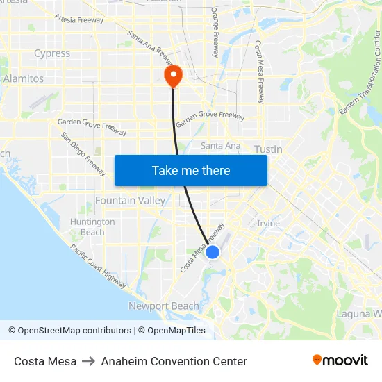 Costa Mesa to Anaheim Convention Center map