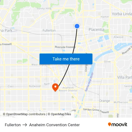 Fullerton to Anaheim Convention Center map