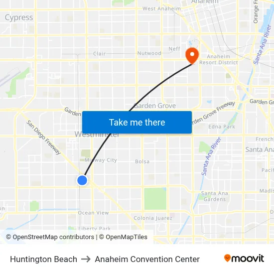 Huntington Beach to Anaheim Convention Center map