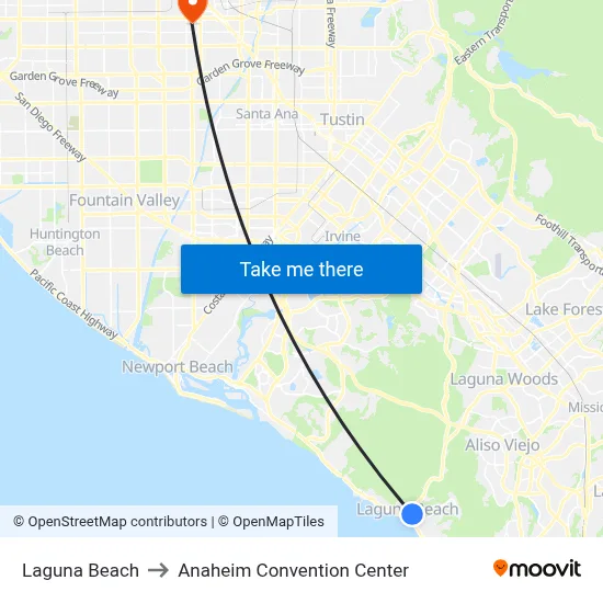 Laguna Beach to Anaheim Convention Center map
