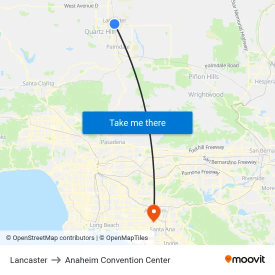 Lancaster to Anaheim Convention Center map
