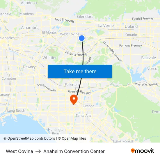 West Covina to Anaheim Convention Center map