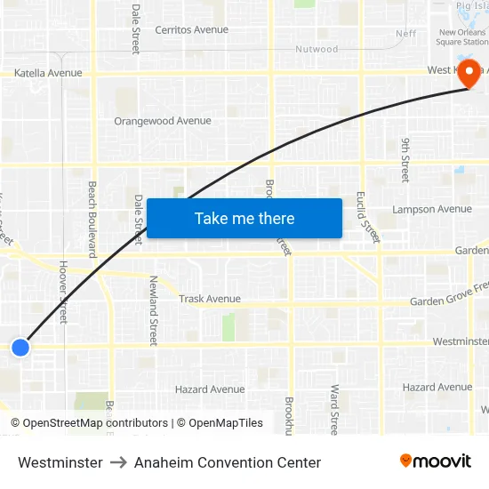 Westminster to Anaheim Convention Center map