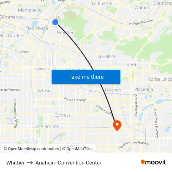 Whittier to Anaheim Convention Center map