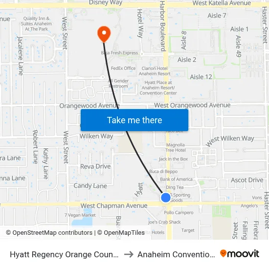Hyatt Regency Orange County Anaheim to Anaheim Convention Center map