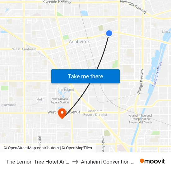 The Lemon Tree Hotel Anaheim to Anaheim Convention Center map