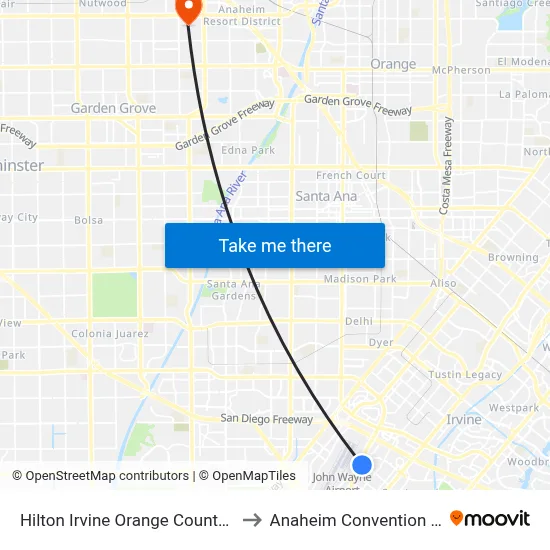 Hilton Irvine Orange County Airport to Anaheim Convention Center map