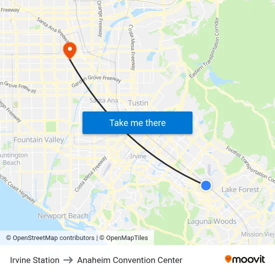 Irvine Station to Anaheim Convention Center map