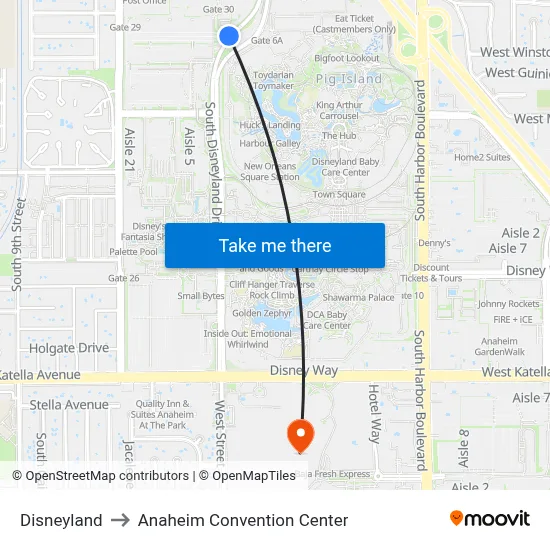 Disneyland to Anaheim Convention Center map