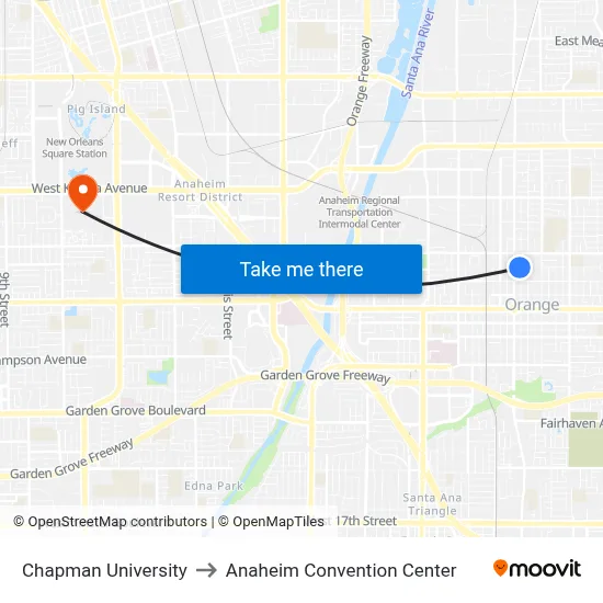 Chapman University to Anaheim Convention Center map